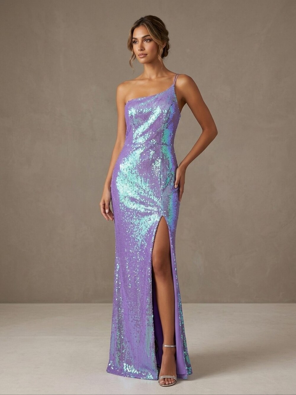 Women's Sequin One-Shoulder Evening Gown Iridescent Lavender Formal Medium